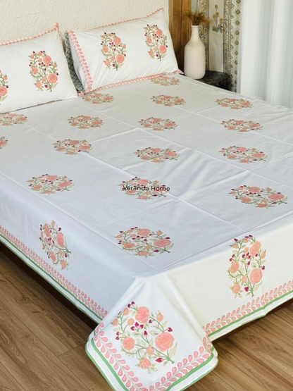 Pink Floral Block Print Bedsheet