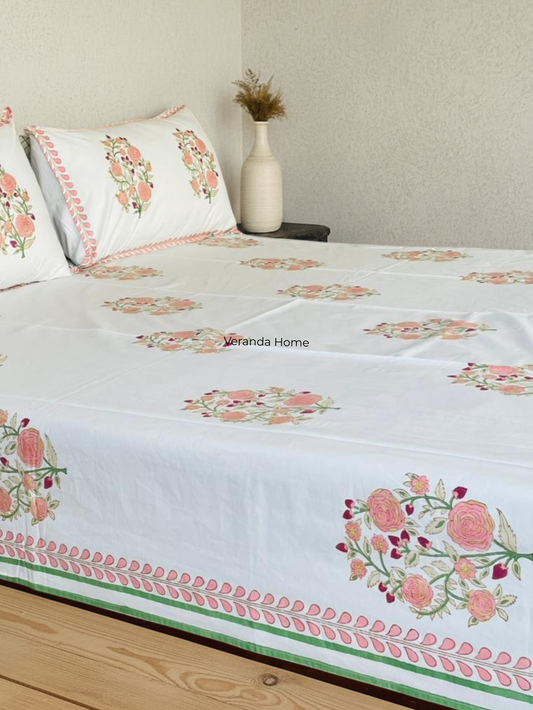 Pink Floral Block Print Bedsheet