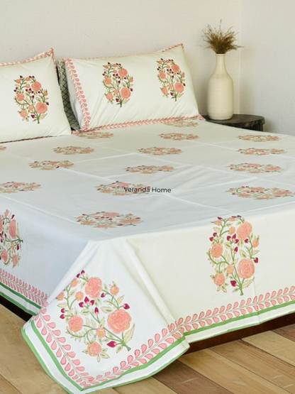 Pink Floral Block Print Bedsheet