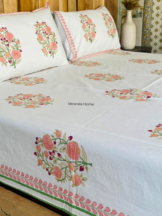 Pink Floral Block Print Bedsheet