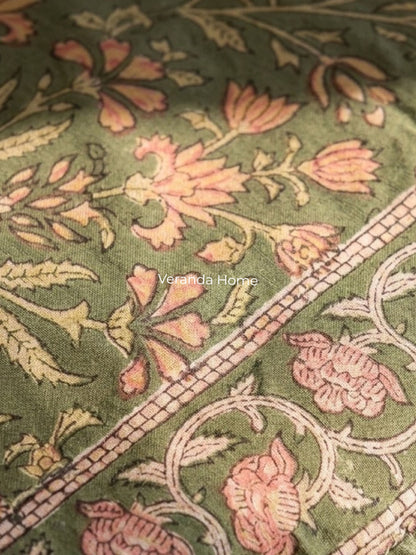 Green Cotton Block Printed Tablecloth