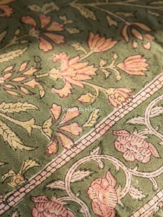 Green Cotton Block Printed Tablecloth