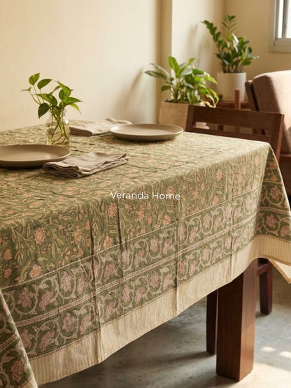 Green Cotton Block Printed Tablecloth