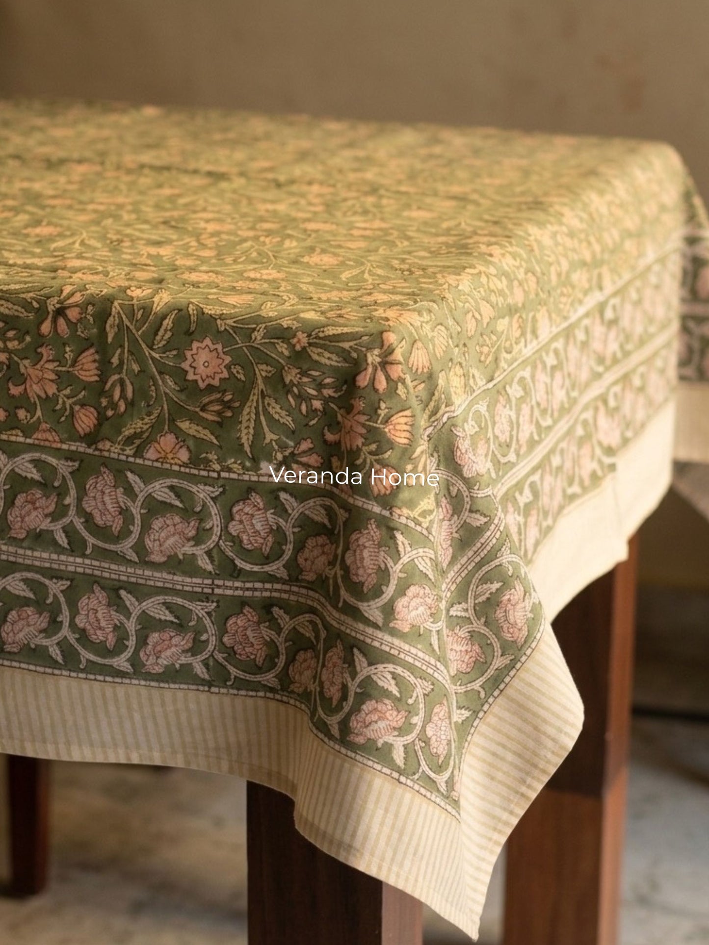 Green Cotton Block Printed Tablecloth