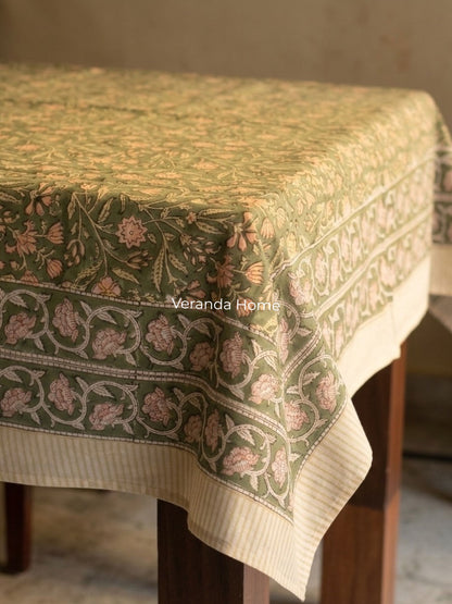 Green Cotton Block Printed Tablecloth