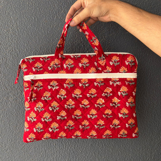 Red Floral Quilted Block Printed Laptop sleeve