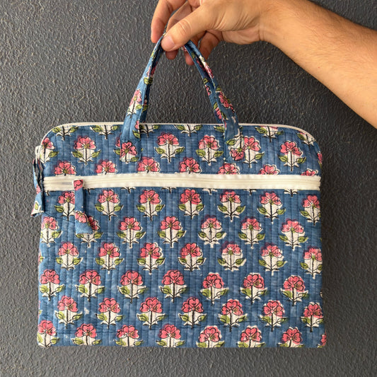 Blue Floral Quilted Block Printed Laptop sleeve