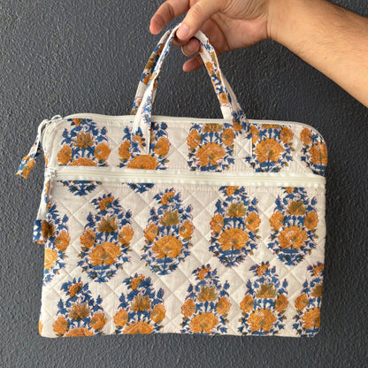White Floral Quilted Block Printed Laptop sleeve