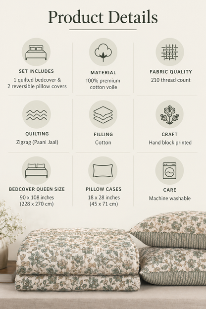 Sabz Gulshan Block Printed Reversible Bedcover