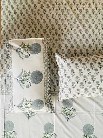Green Marigold Block Print Cotton Bedsheet
