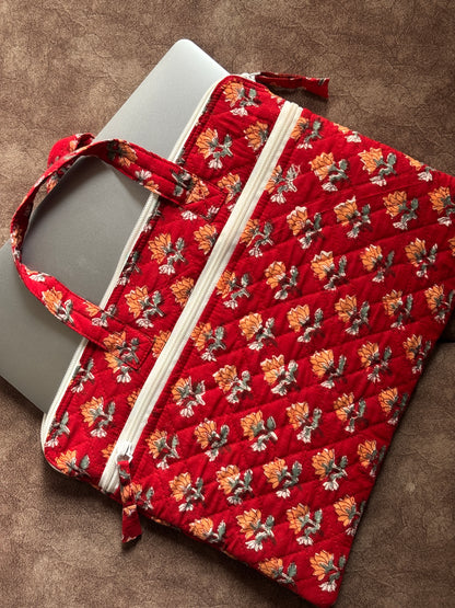 Red Floral Quilted Block Printed Laptop sleeve