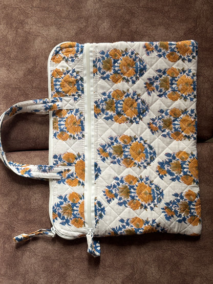 White Floral Quilted Block Printed Laptop sleeve