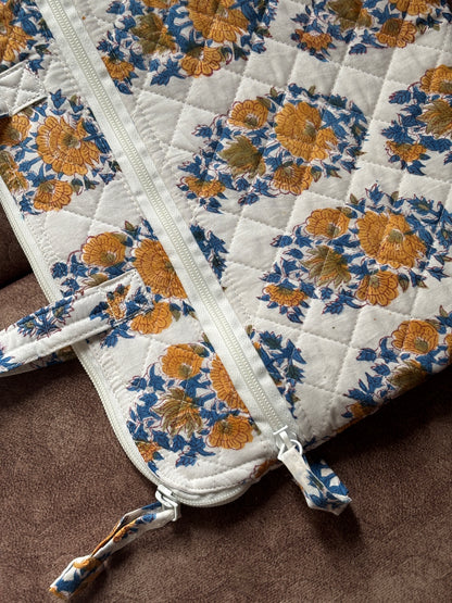 White Floral Quilted Block Printed Laptop sleeve