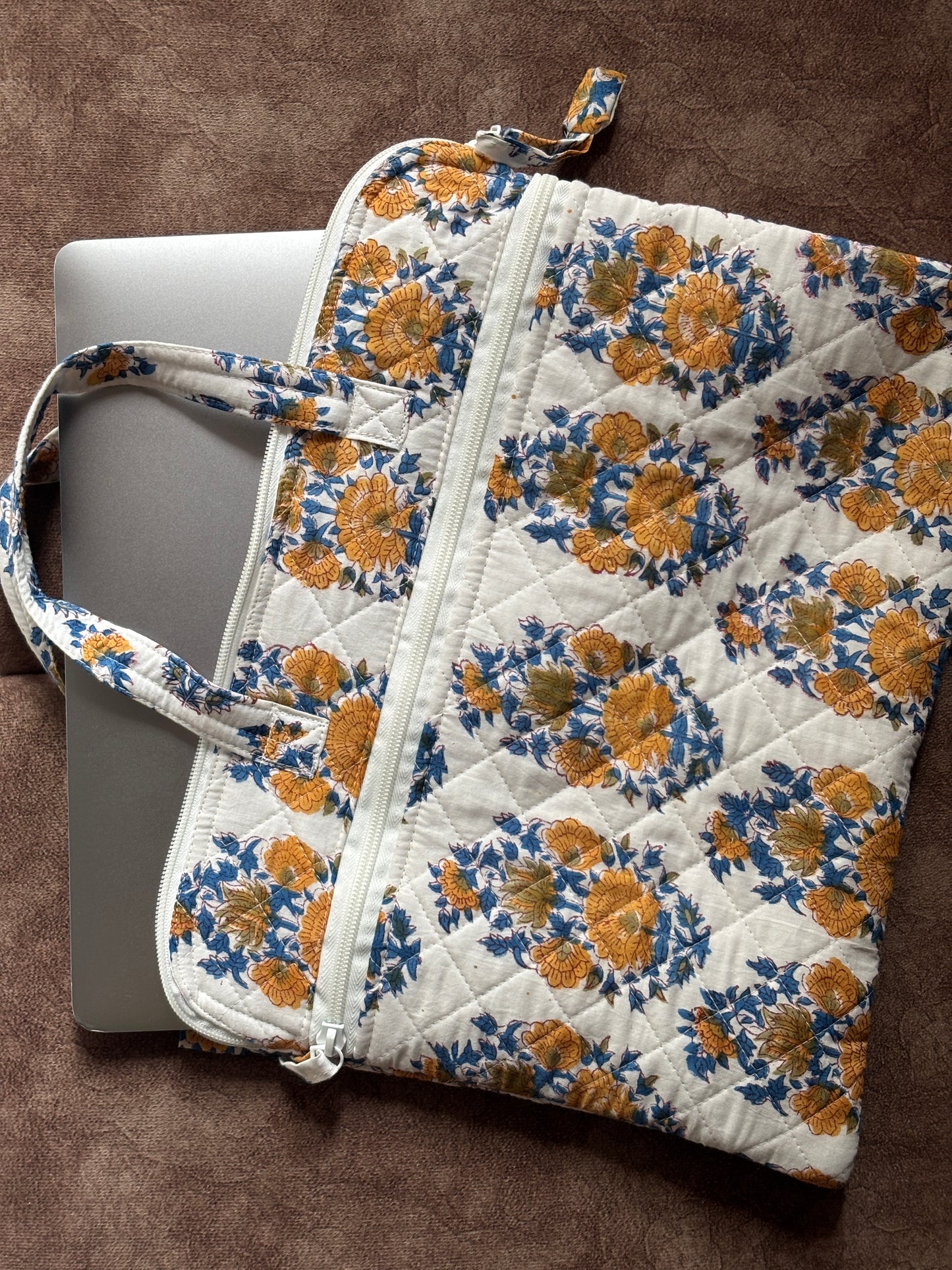 White Floral Quilted Block Printed Laptop sleeve