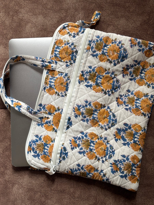 White Floral Quilted Block Printed Laptop sleeve