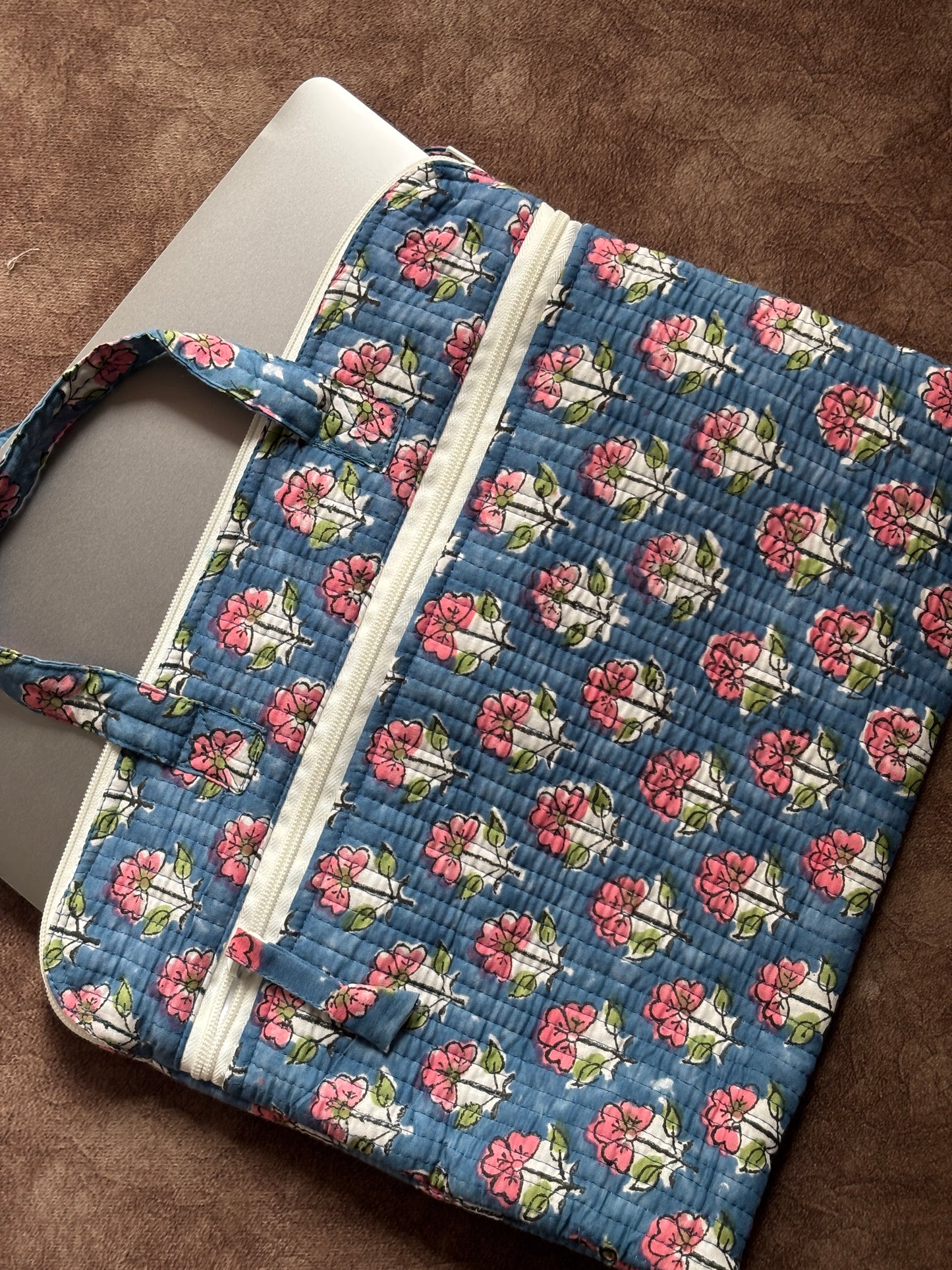 Blue Floral Quilted Block Printed Laptop sleeve