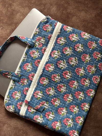 Blue Floral Quilted Block Printed Laptop sleeve
