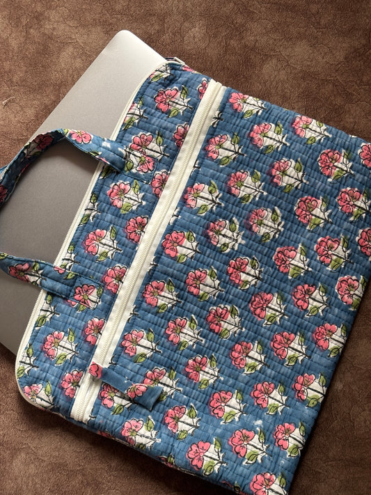 Blue Floral Quilted Block Printed Laptop sleeve
