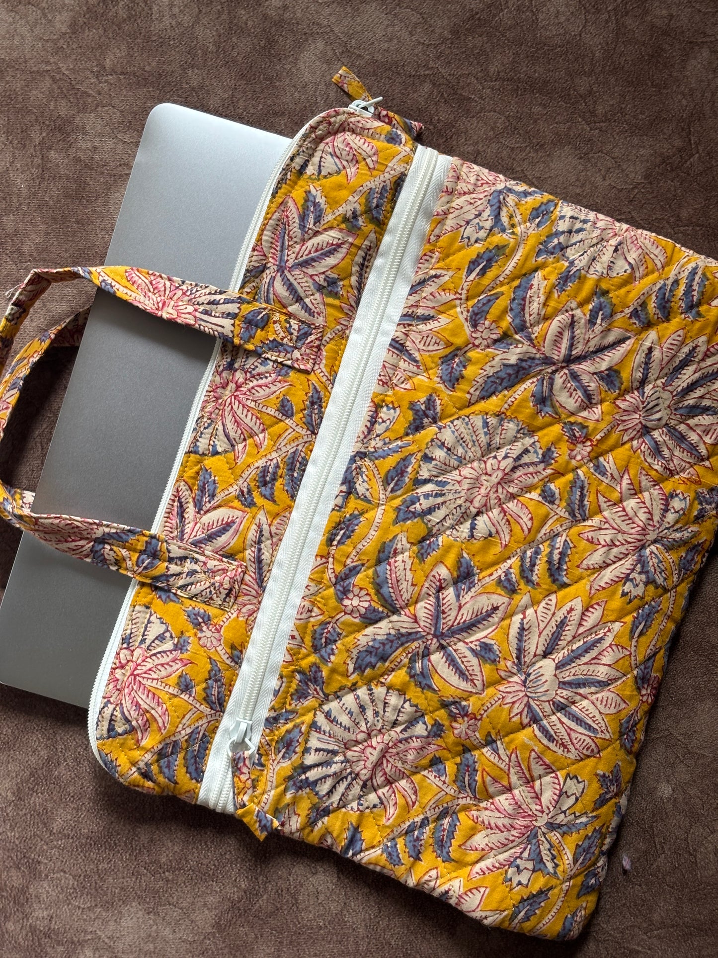 Yellow Floral Quilted Block Printed Laptop sleeve