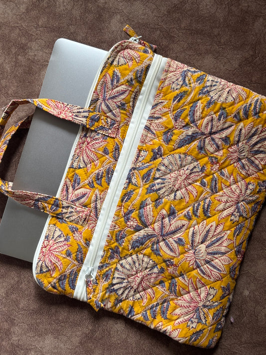 Yellow Floral Quilted Block Printed Laptop sleeve