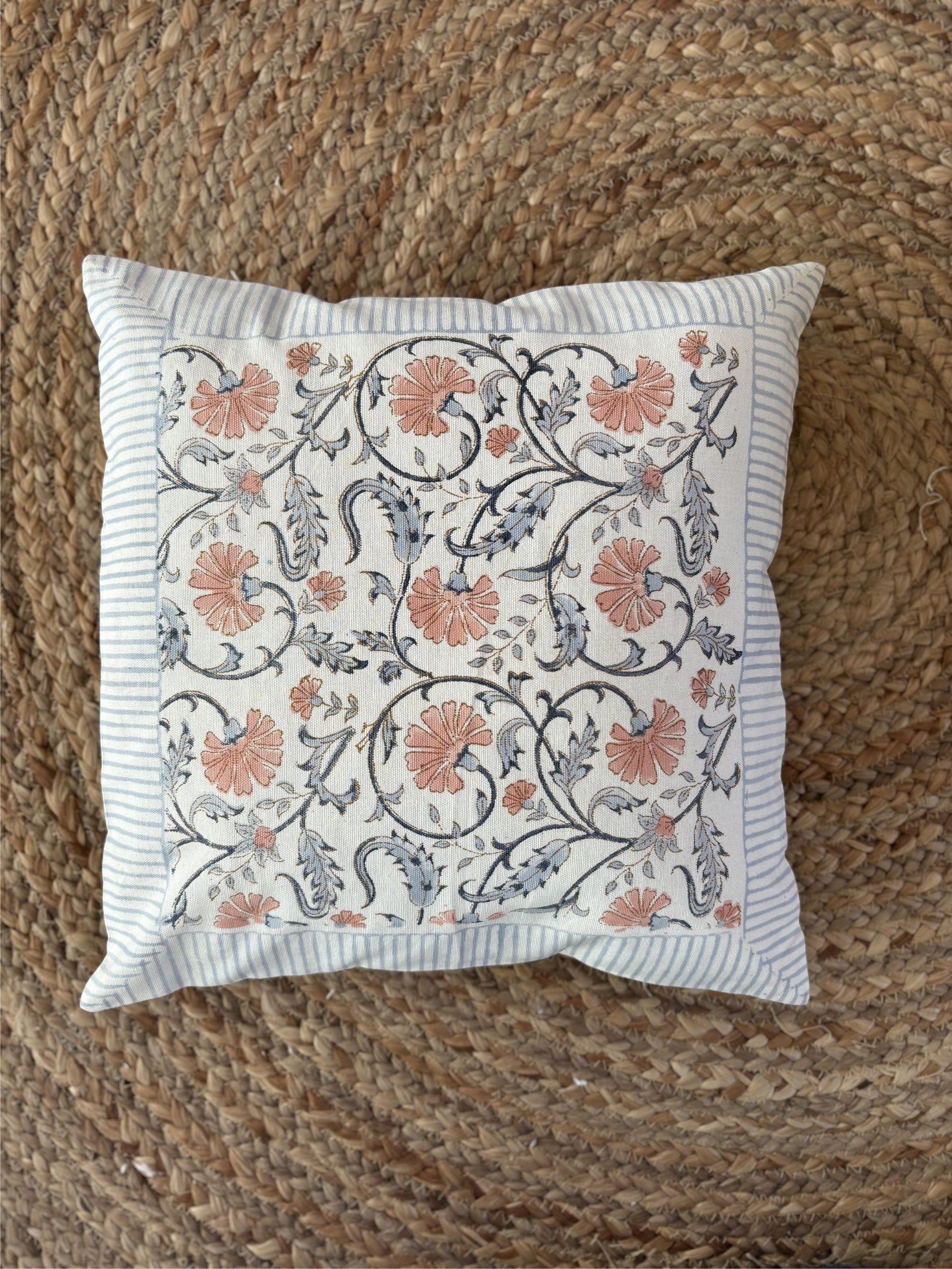 Blue Floral Canvas Cushion Cover