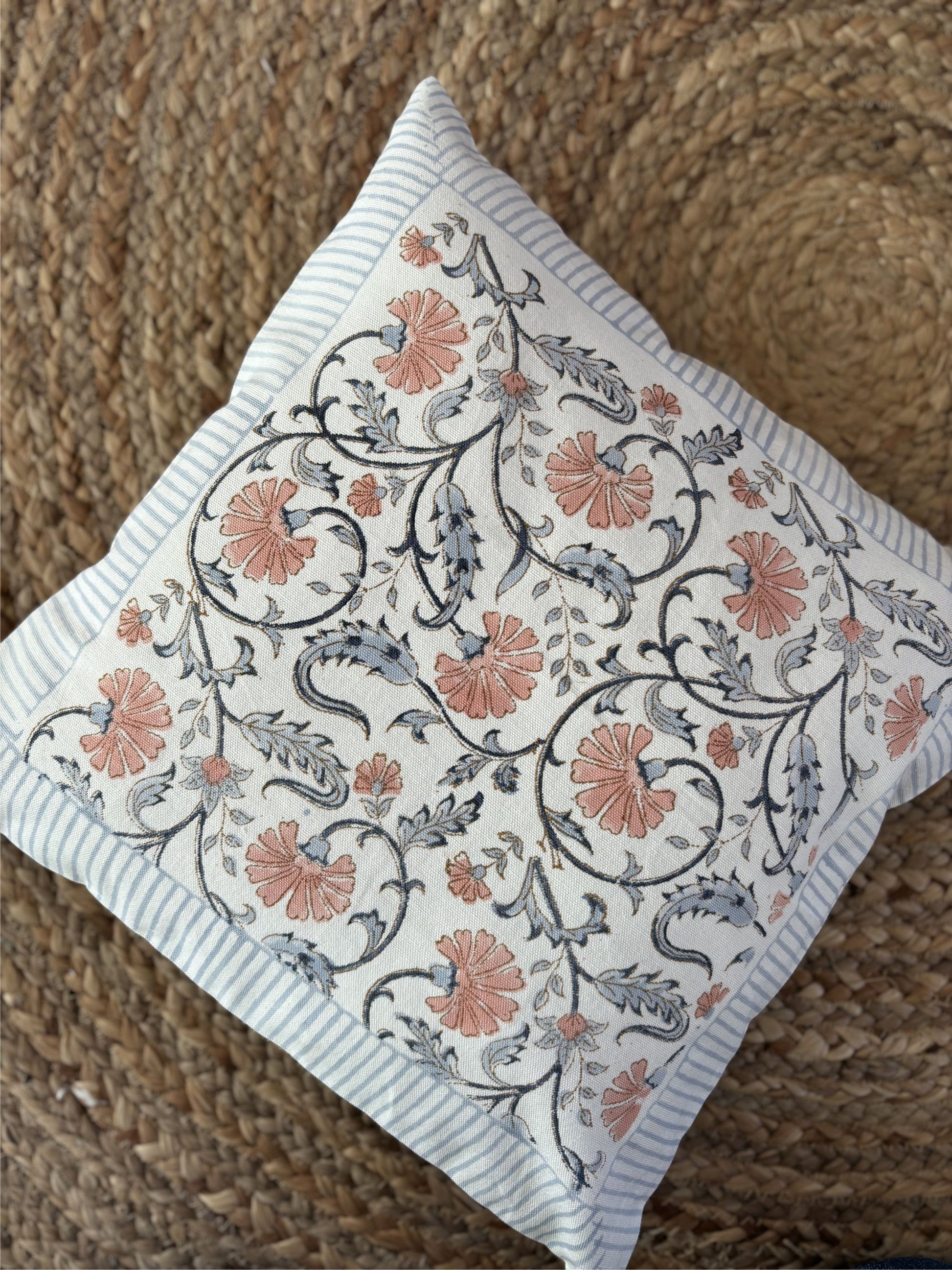 Blue Floral Canvas Cushion Cover