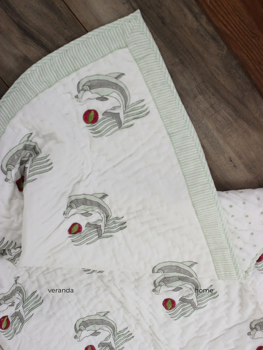 Dolphin print mulmul baby quilt