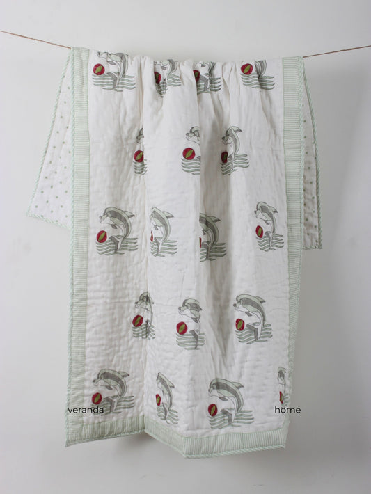 Dolphin print mulmul baby quilt