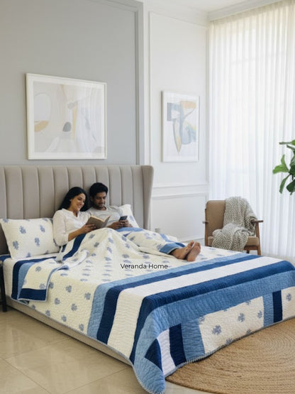 "Neela Hathi Booti Embroidery Quilted Bedcover