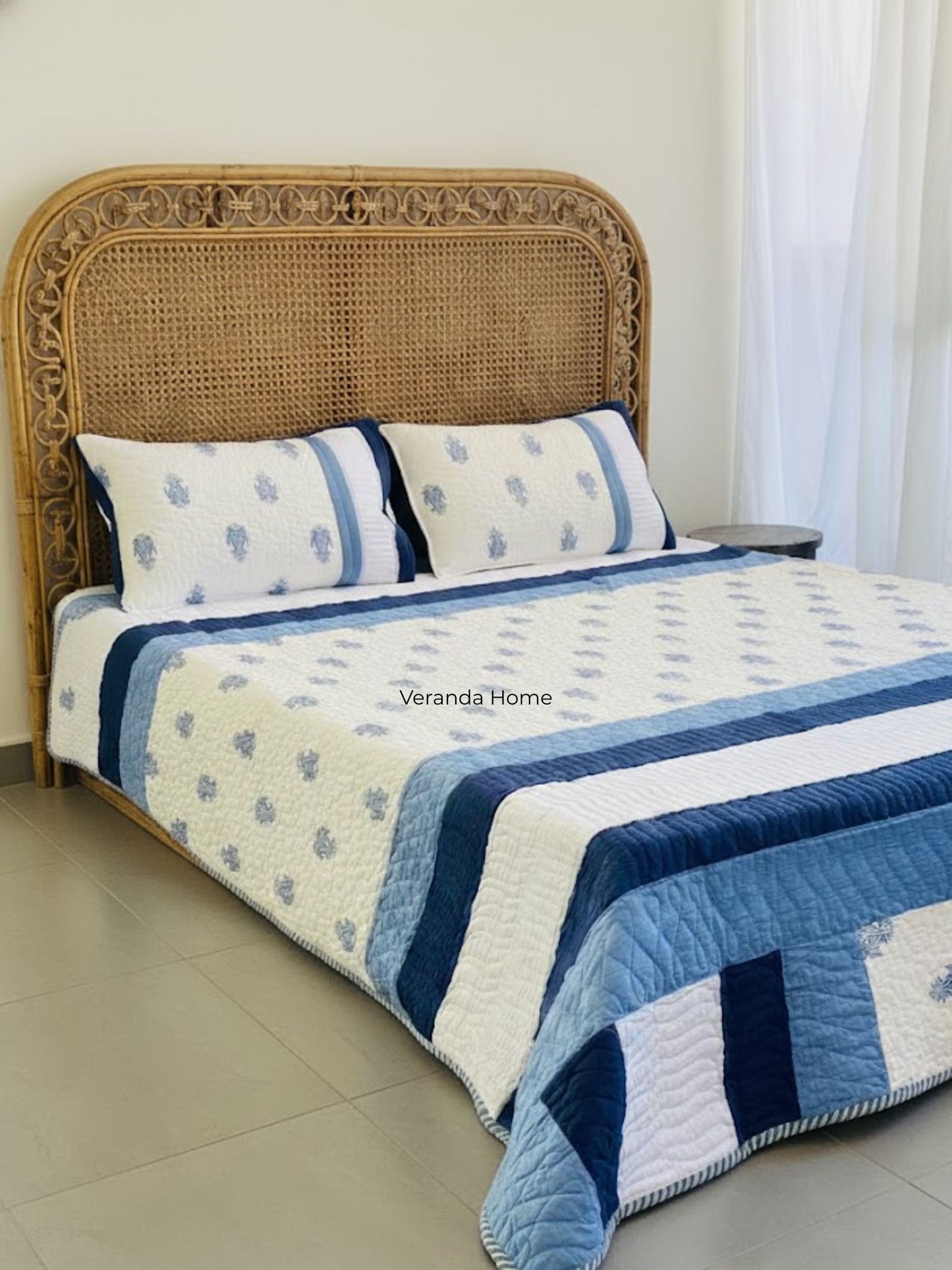 "Neela Hathi Booti Embroidery Quilted Bedcover