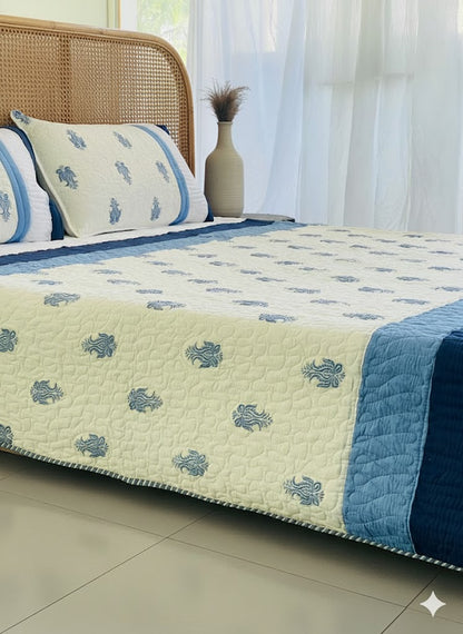 "Neela Hathi Booti Embroidery Quilted Bedcover