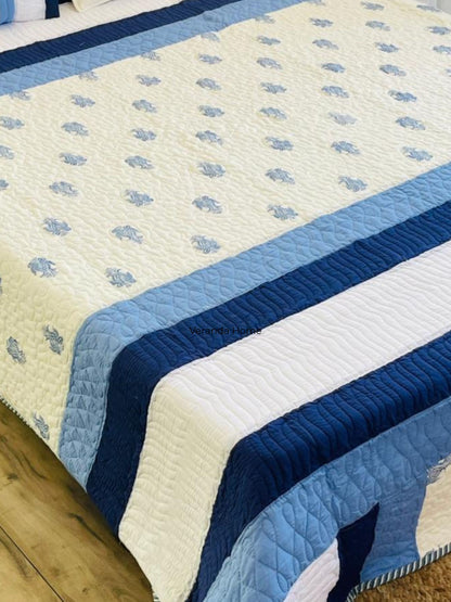 "Neela Hathi Booti Embroidery Quilted Bedcover