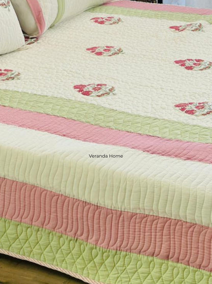 "Gulab Bageecha Patti Embroidery Quilted Bedcover