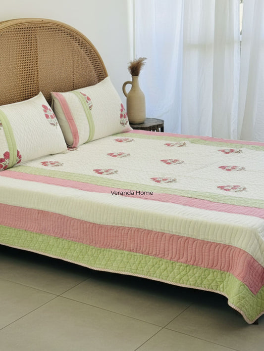 "Gulab Bageecha Patti Embroidery Quilted Bedcover