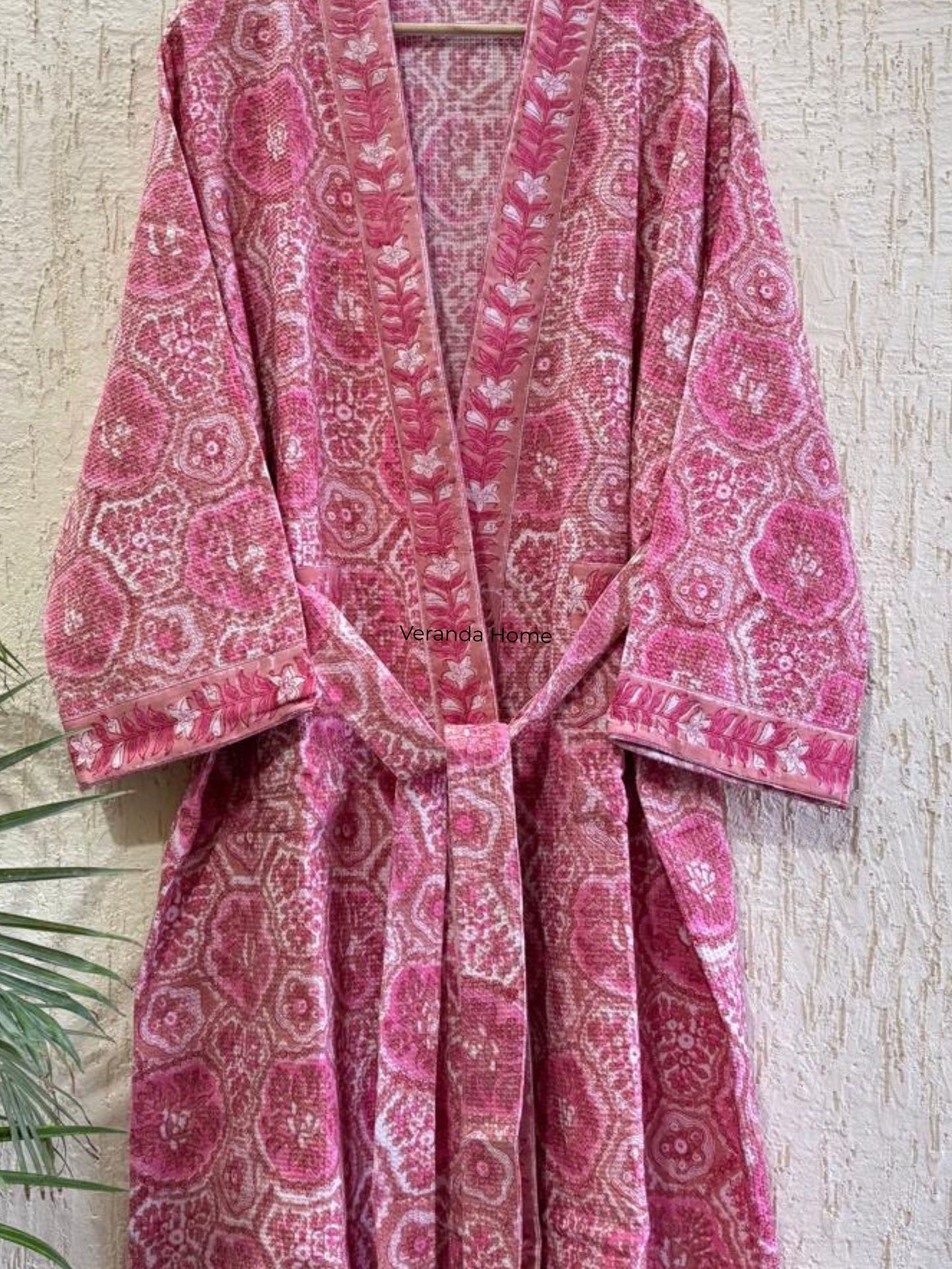 Pink Floral Block Print waffle Bathrobe