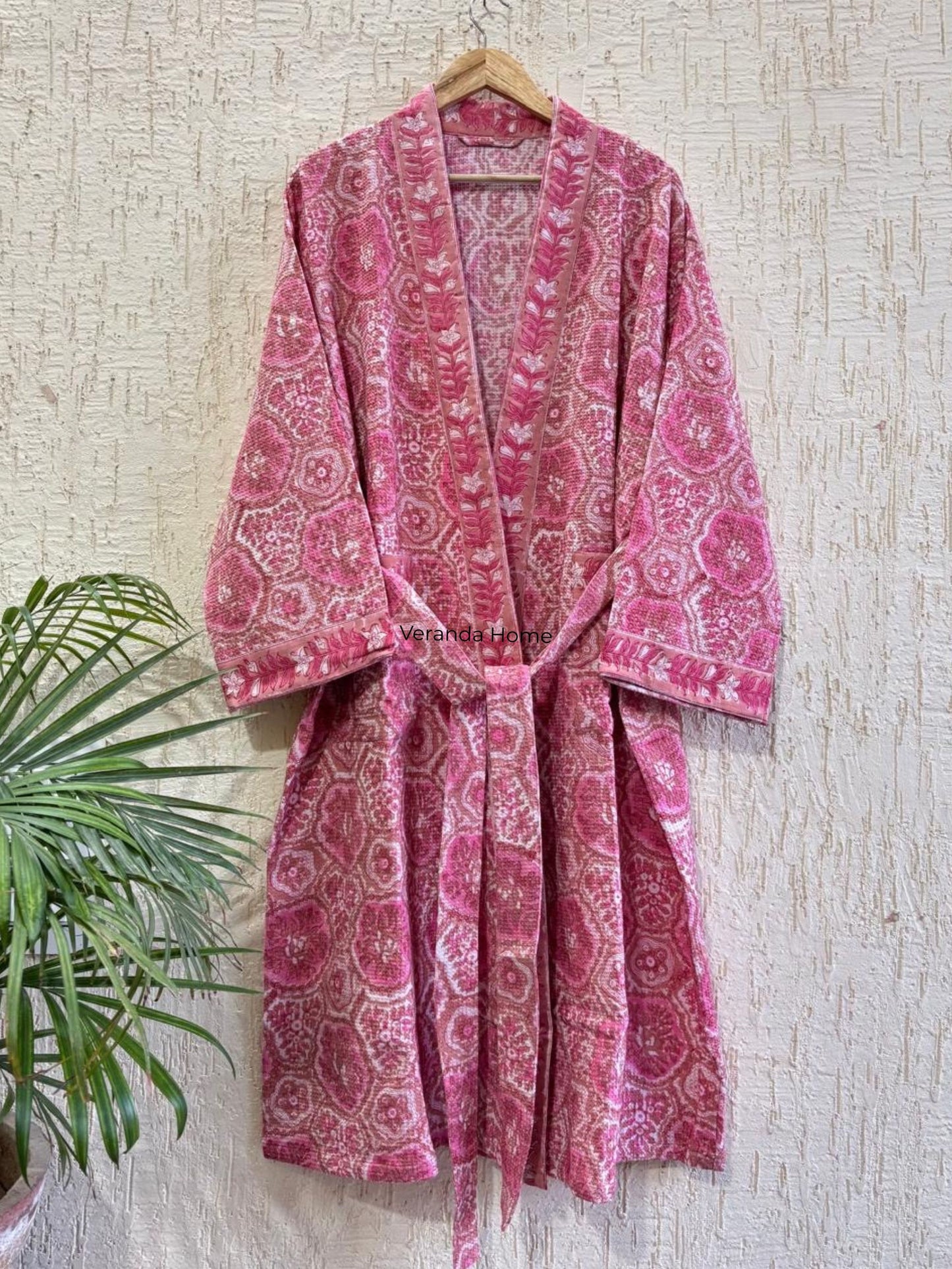 Pink Floral Block Print waffle Bathrobe