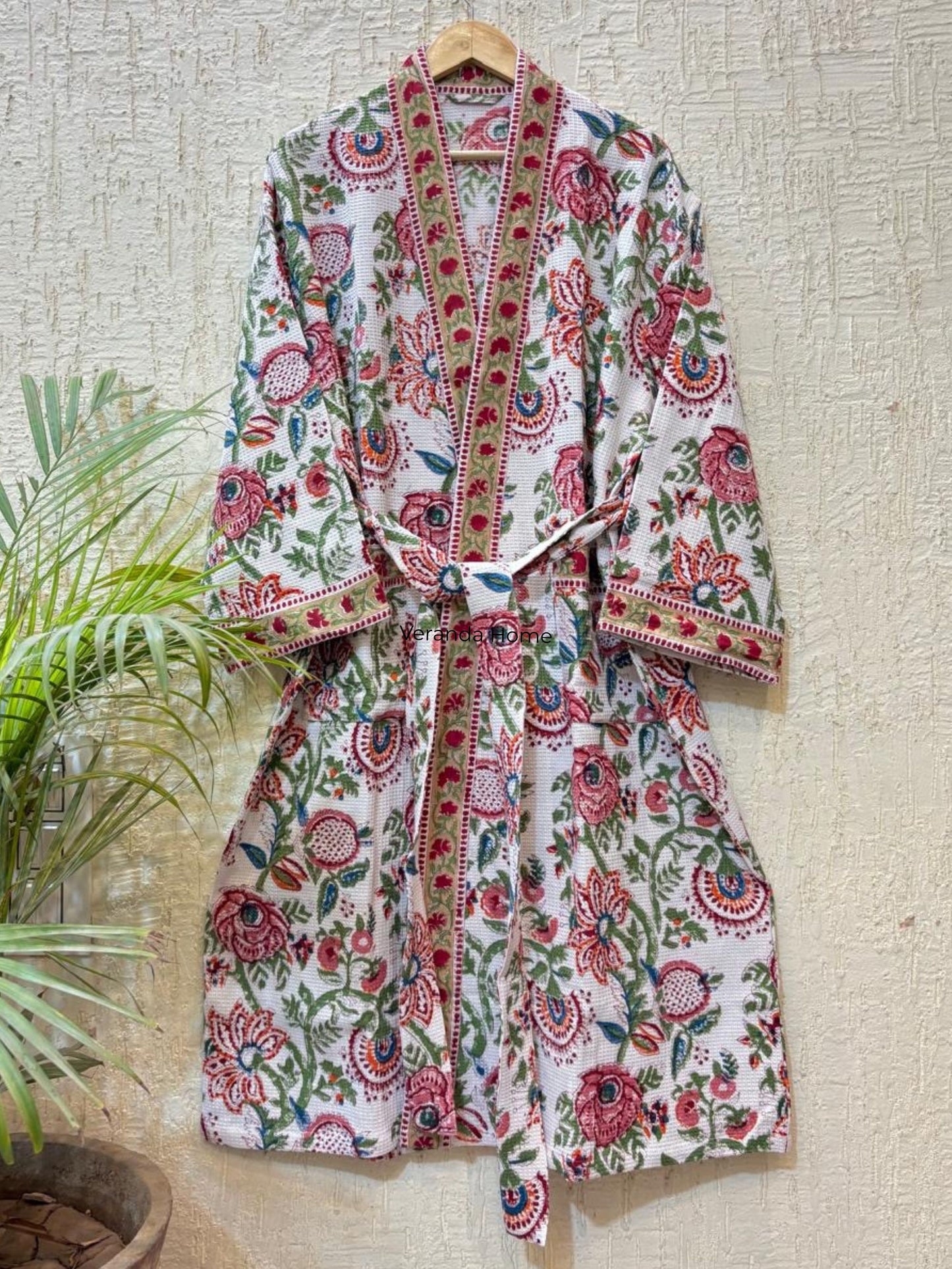 White Floral Block Print waffle Bathrobe