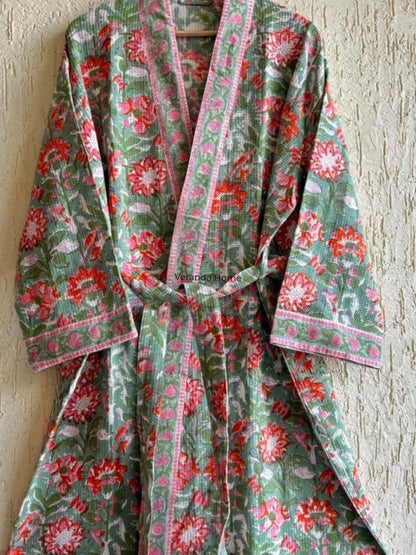 Green Floral Block Print waffle Bathrobe