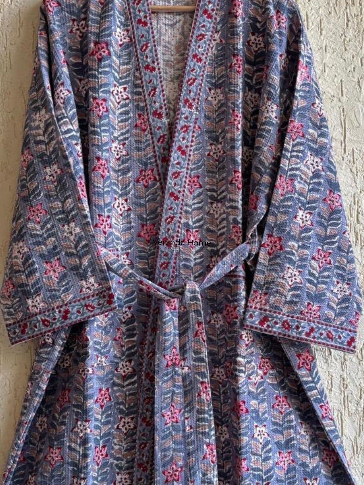 Purple Floral Block Print waffle Bathrobe