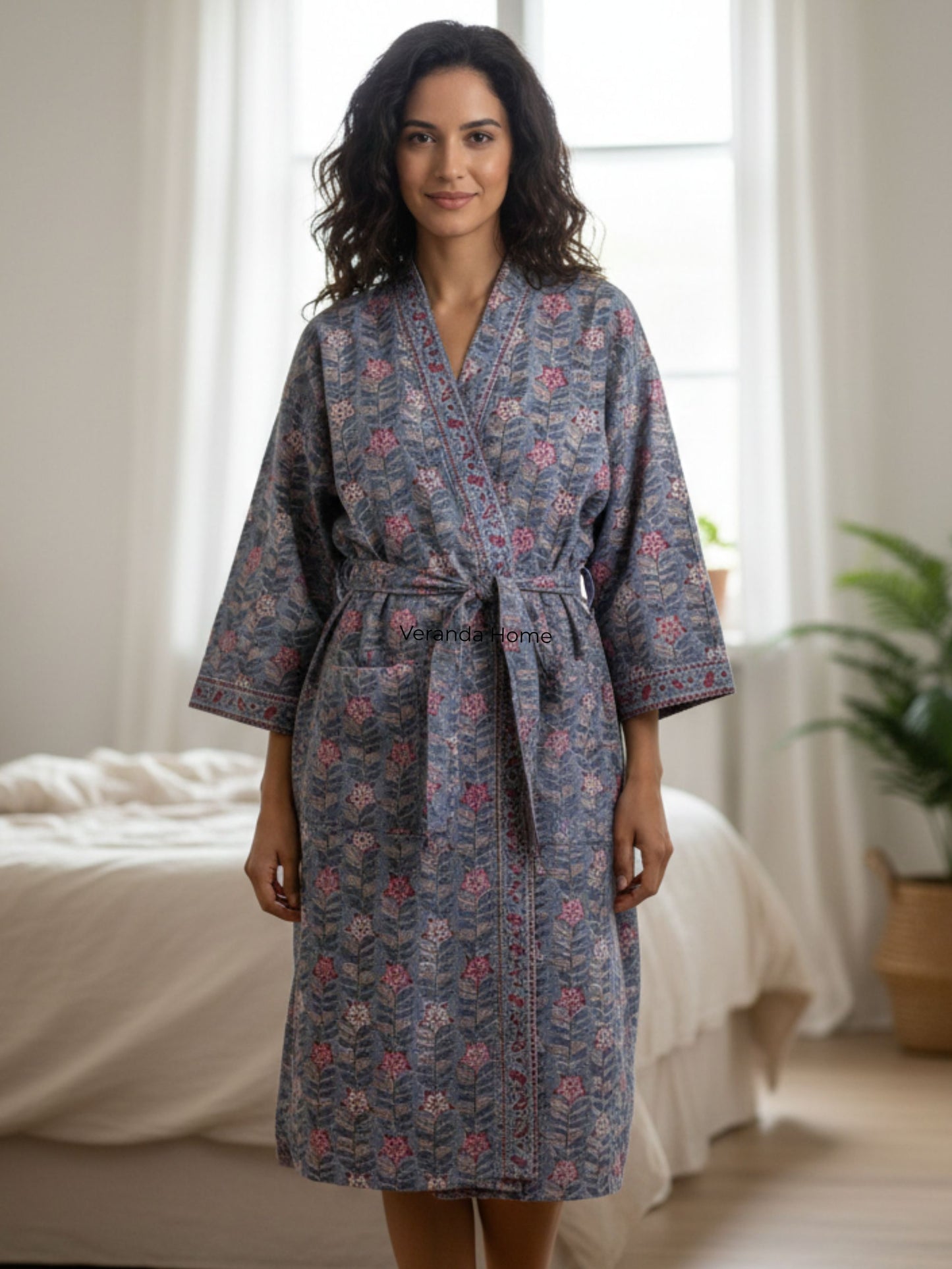 Purple Floral Block Print waffle Bathrobe