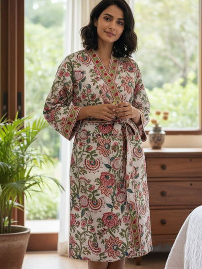 White Floral Block Print waffle Bathrobe