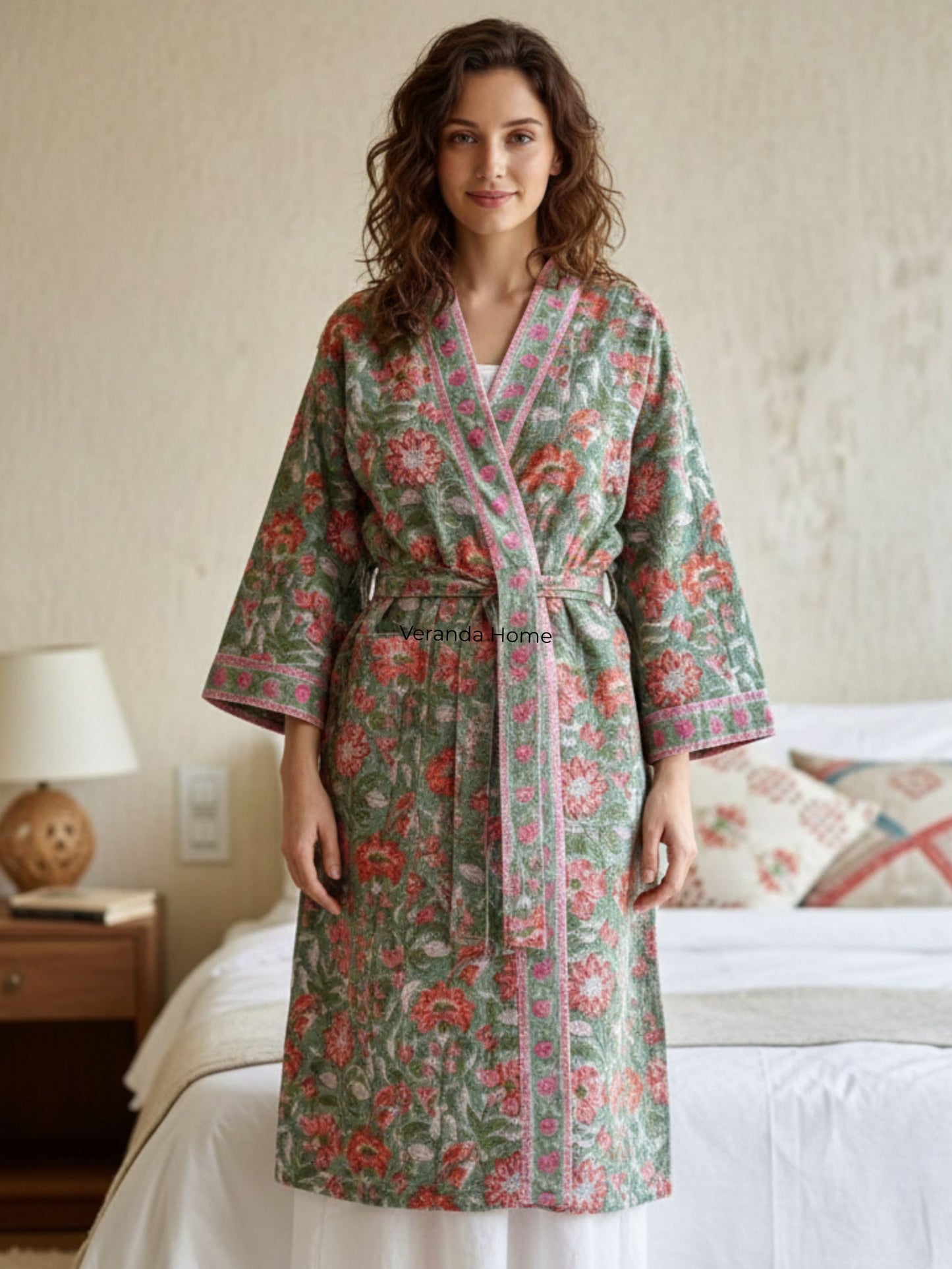 Green Floral Block Print waffle Bathrobe