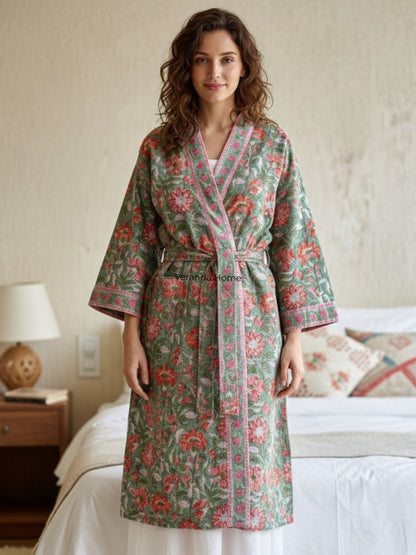 Green Floral Block Print waffle Bathrobe