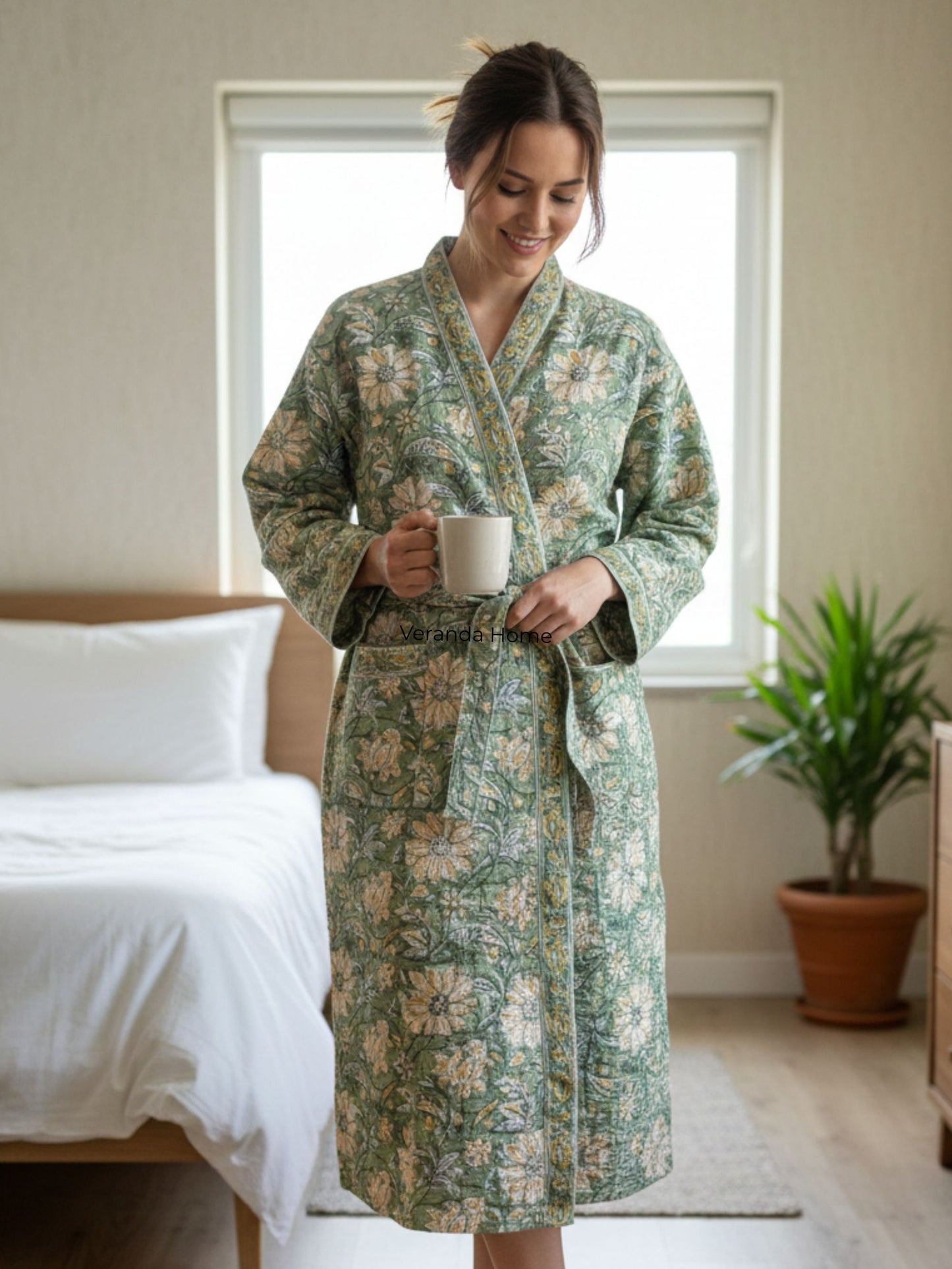 Green Floral Block Print waffle Bathrobe