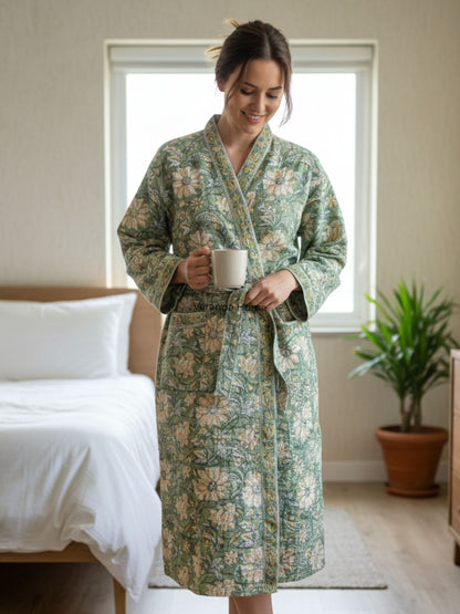 Green Floral Block Print waffle Bathrobe