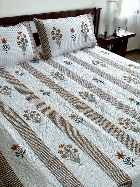 Amber Bloom Stripes Cotton Quilted Bedcover