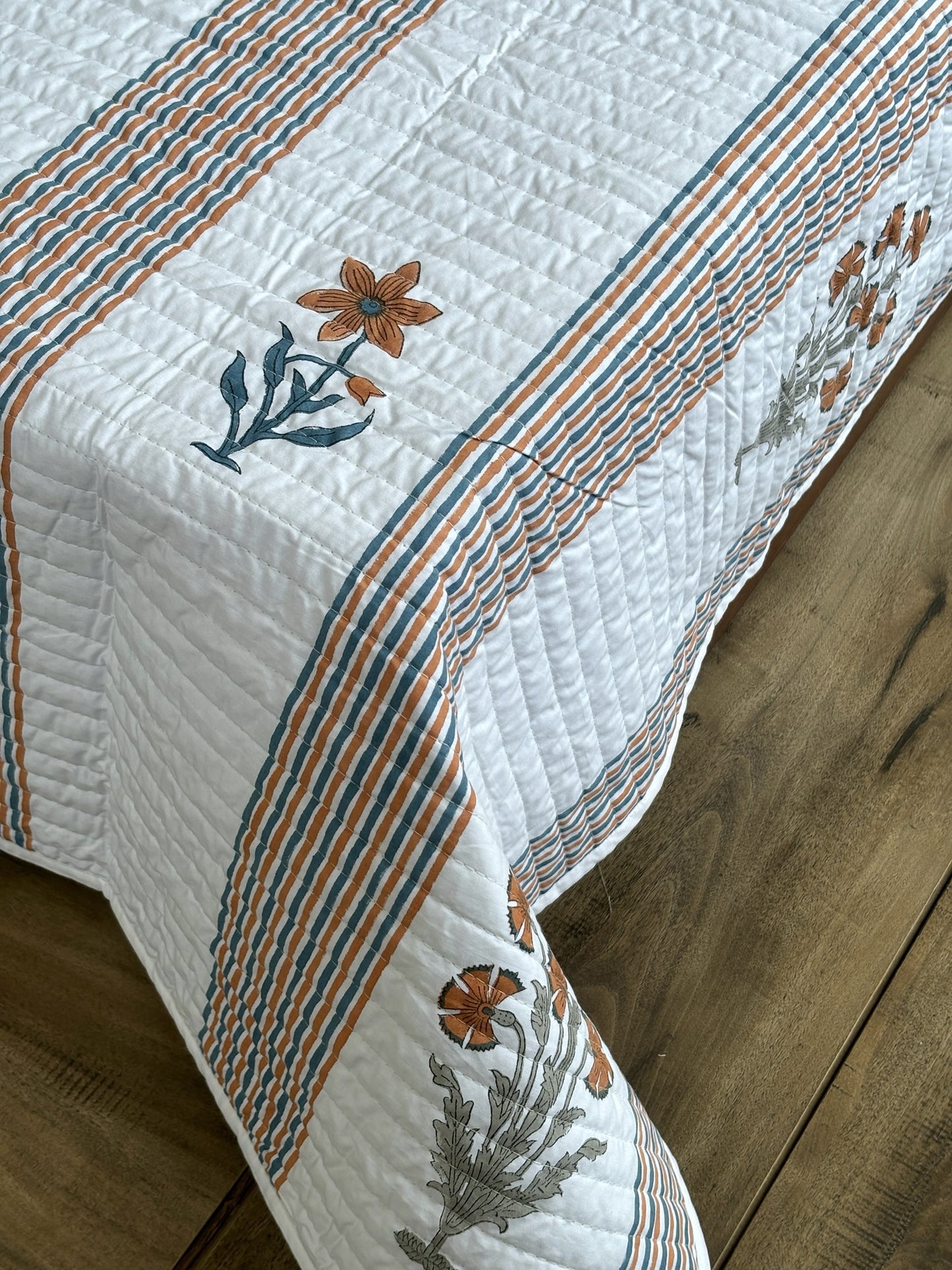 Amber Bloom Stripes Cotton Quilted Bedcover