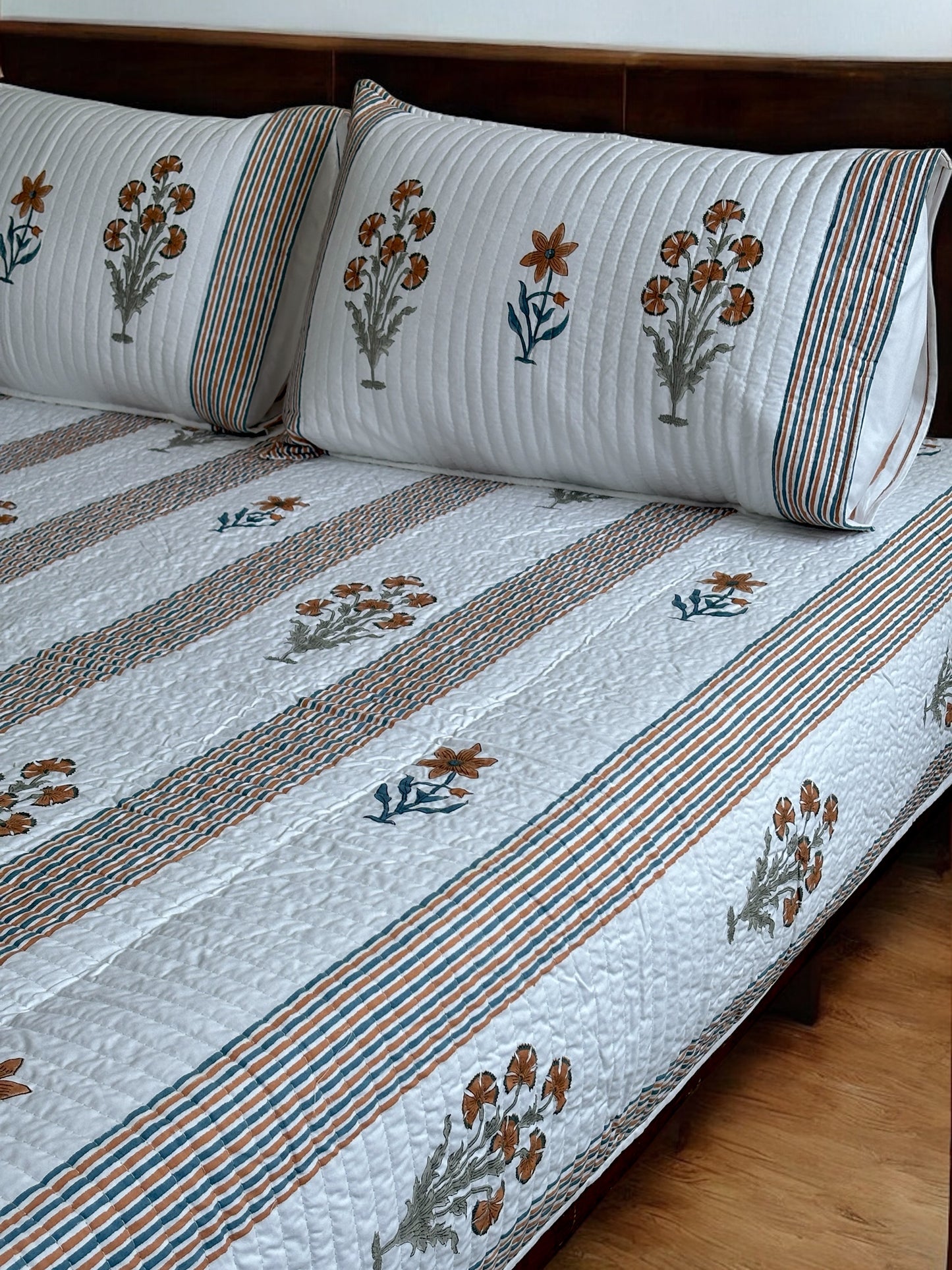 Amber Bloom Stripes Cotton Quilted Bedcover