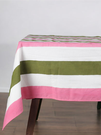 Green & Pink Stripe Block Print Table Cover (100TC)