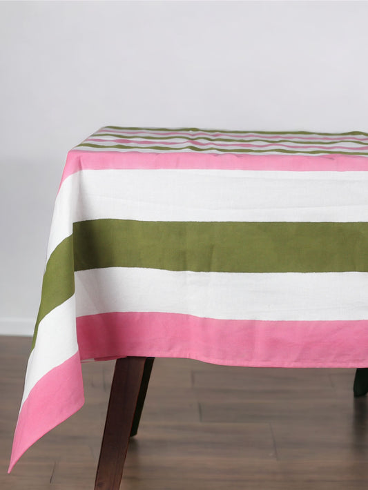 Green & Pink Stripe Block Print Table Cover (100TC)